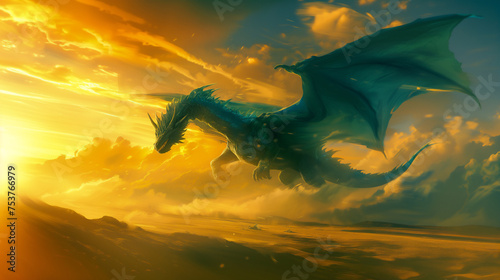 A dragon is flying in the sky with a beautiful sunset in the background