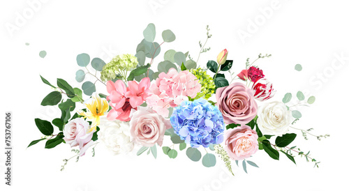 Bright hydrangea flowers, roses, tulips, peony, carnation, greenery and eucalyptus. Easter vector bouquet