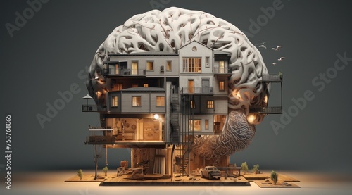 Maison d'habitation et intelligence artificielle, un cerveau artificiel au sommet d'une maison.