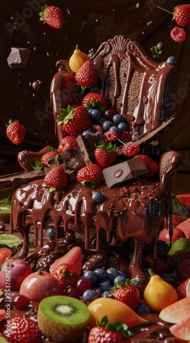 Un gâteau en forme de fauteuil avec des fruits et du chocolat coulant sur les côtés.