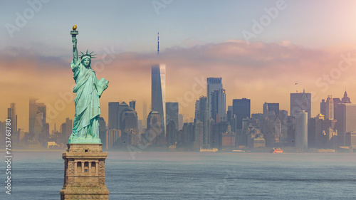 Panorama view of New York city eith statue of liberty tomorrow morning at sunrise. View from Staten Island. Big art Panorama.