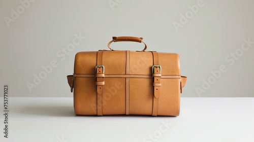 Bolsa de cuero o maletín de viaje de lujo para negocios. Maleta de cuero o equipaje marrón con asa aislada.