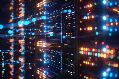 Close-up view of a data center server rack with blinking led lights at night. Abstract background