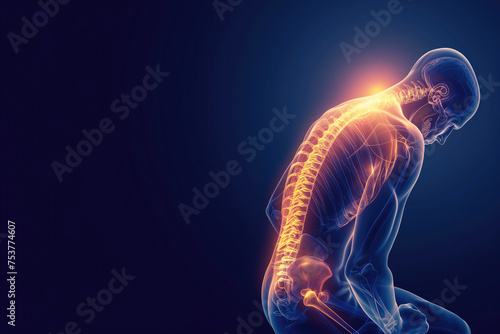 An X-ray-like digital visualization of a human figure with a glowing spine in a bent posture, signifying back pain, spinal health, and chiropractic care, suitable for medical educational content and