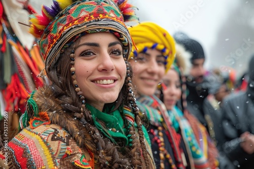 People in traditional costume, group of dancers before the performance at the Kurban Bairam Festival in Ashgabat, Turkmenistan.