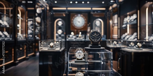 A store with a large clock on the wall and many watches on display