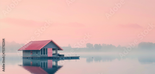Close exterior view of a colorful boathouse on a calm lake at dawn, background color: peach