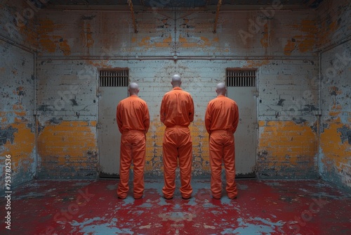 An intense scene of three prisoners in orange jumpsuits facing a decaying prison wall, implying isolation