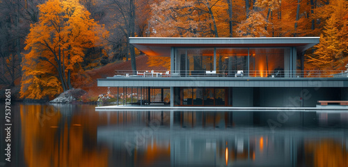 Close exterior view of a modern glass house overlooking a serene lake, surrounded by autumn trees, background color: deep amber