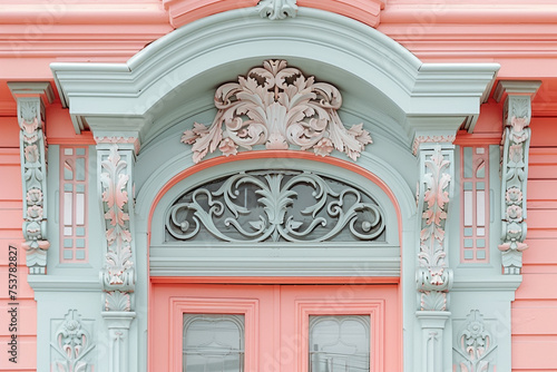 Close view of a Victorian door surround with millwork and a transom window against a blush pink background