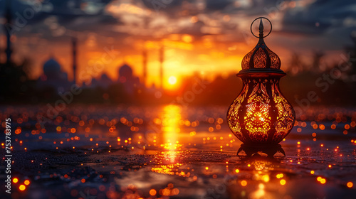 Muslim Holy Month Ramadan Kareem - Ornamental Arabic Lantern With Burning Candle And Bokeh Glowing At Evening - Eid Ul Fitr