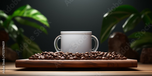 Coffee, Cafe Concept. Cup of coffee on beans on wooden scene, studio background with plants.