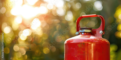 Red Gas can on a simple Background with copy space. Close-up view of gasoline metallic container with a handle and valve.