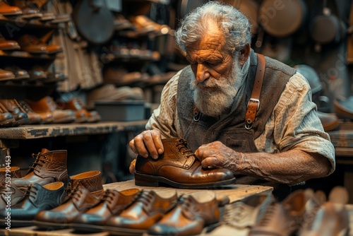 In a detailed workshop setting, an elderly craftsman meticulously works on leather shoes, displaying skill and focus