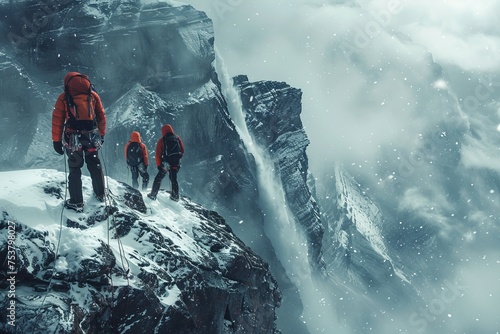 Three climbers with backpacks approach a sharp mountain summit against a backdrop of freezing winds