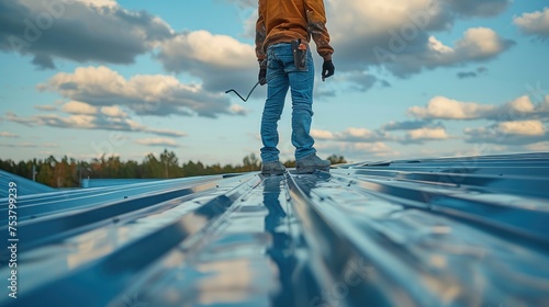 A man standing on a roof applying weather sealant with a pressure paint gun to his corrugated sheet metal roof. Generative AI.