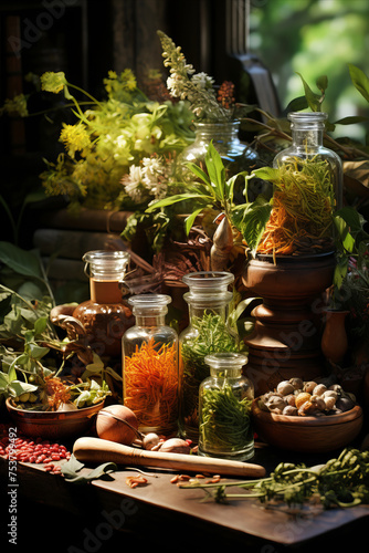 Herbal medicine concept: Collection of herbs used in spiritual and healing practices.