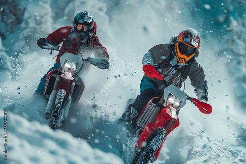 Two bikers engage in a thrilling motocross duel amidst swirling snow, highlighting the raw energy and competitive spirit of the sport