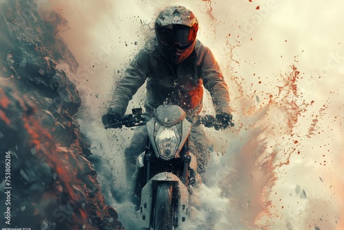 A reckless motorcyclist in red charges full-speed on muddy terrain, splattering mud against a red backdrop