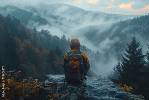 A lone traveler gazes over a foggy forest landscape at dawn from a rocky perch, evoking adventure and calm