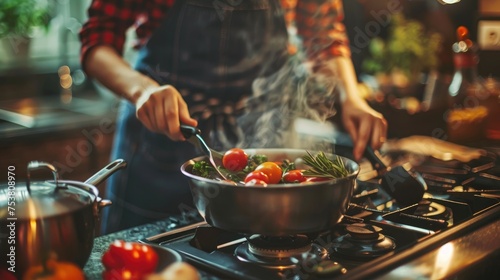 Person cooking ripe cherry tomatoes in a frying pan over a gas stove with visible flame, in a home kitchen.