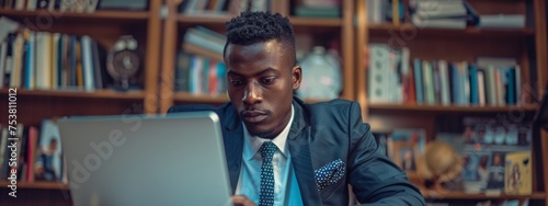 Businessman concentrates on his laptop in a library surrounded by books symbolizing the pursuit of knowledge and business acumen