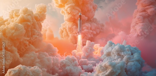 Surreal Launch of Space Rocket Amidst Cotton-Candy Clouds