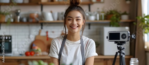 Asian Woman Smiling with Video Camera in Modern Kitchen