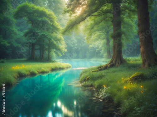 Morning in the Mystical Forest with a Peaceful Atmosphere, Beautiful Nature Landscape, Enchanted Forest 