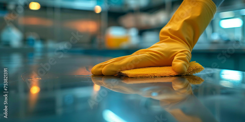 A person wearing yellow gloves is cleaning a table. The individual is focused and attentive, wiping down the surface diligently with a cloth