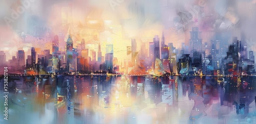 A painting depicting a cityscape with a lake prominently featured in the foreground, showcasing the architectural structures against a backdrop of serene waters.