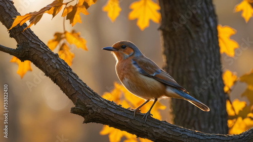 A colorful bird poised gracefully atop an ancient oak tree, autumn leaves fluttering around, golden hour casting long shadows, backlit, bokeh effect on background foliage, cinematic film still