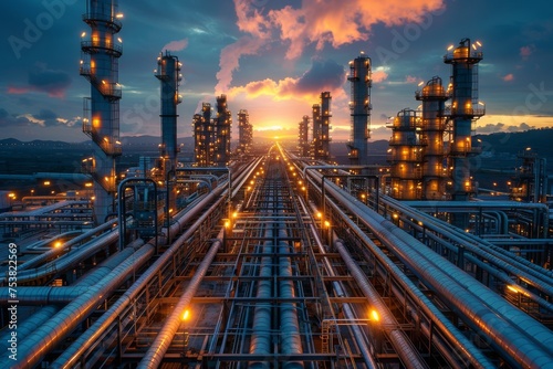 An impressive sunset illuminates the expansive network of pipes and distillation columns of an oil refinery