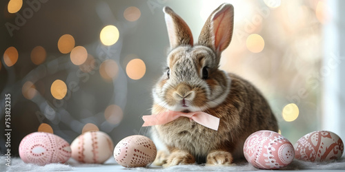 A rabbit with floppy ears sitting in front of a nest of eggs, showcasing a scene of spring or Easter decor