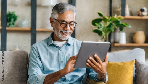  Cheerful senior man having video call on tablet sitting on the couch at home elderly man wearing eyeglasses staying in touch with friends and family using online video call connecting with people