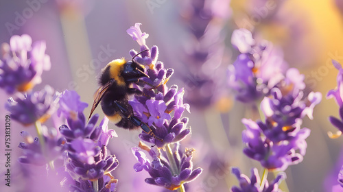 A plump bumblebee gathering pollen from a cluster of lavender blooms