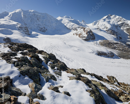 Schweiz, Graubünden, Blick von Diavolezza, Piz Palü, Piz Bernina, Pers Gletscher