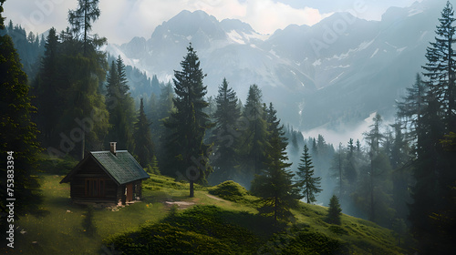 A solitary cabin nestled among towering pine trees in the mountains