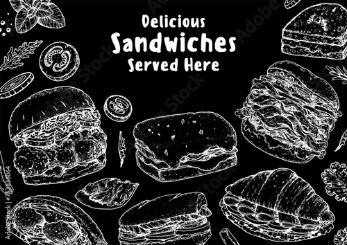 Delicious sandwich frame. Menu design template. Sandwich sketches. Unique recipe. Hand drawn vector illustration.