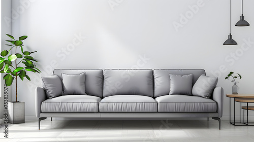 Modern grey sofa against a pristine white wall.