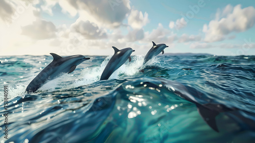 Playful dolphins leaping through crystal-clear waves offshore