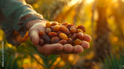 Holding a Heap of Date Fruit Toward Camera. The Food Mostly Eating in Ramadan. Daylight, Close Up Shot.