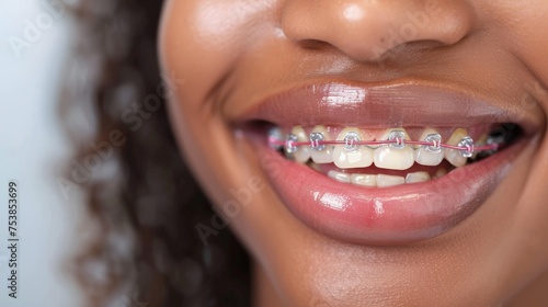 close up of a woman smiling teeth with braces