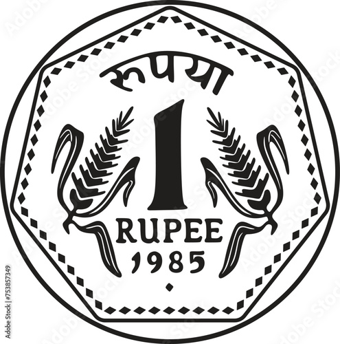 One Rupee india Coin vector design handmade silhouette year 1985