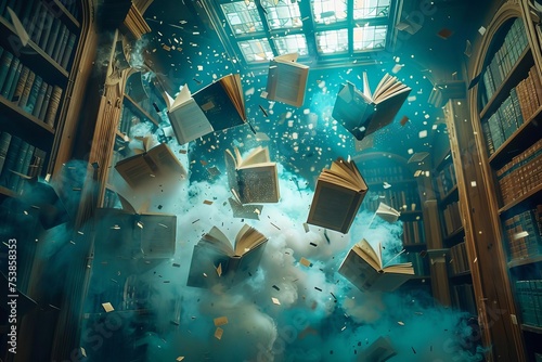 Magical reading moment Flying books Imagination and knowledge Fantasy world Literary adventure