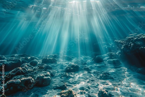 Serene underwater landscape Sunlight filtering through the ocean Peaceful marine environment
