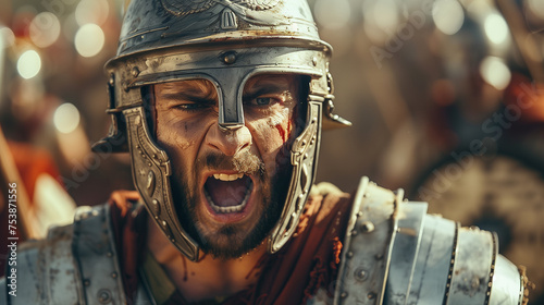 Closeup of Roman army soldier yelling to attack on the battlefield. 