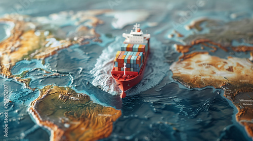 Container Ship Model in Middle of Atlantic Ocean, World Map Style, Transatlantic Transportation and Freight Shipping or Logistics Concept Image with Copy Space