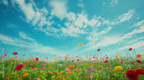 colorful field of flowers over a blue sky