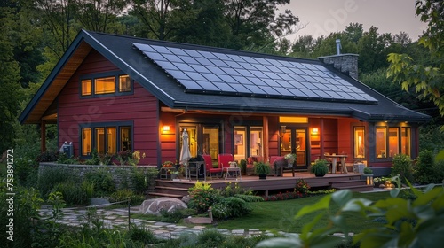 Color photo of a smart home solar panel system generating renewable energy
